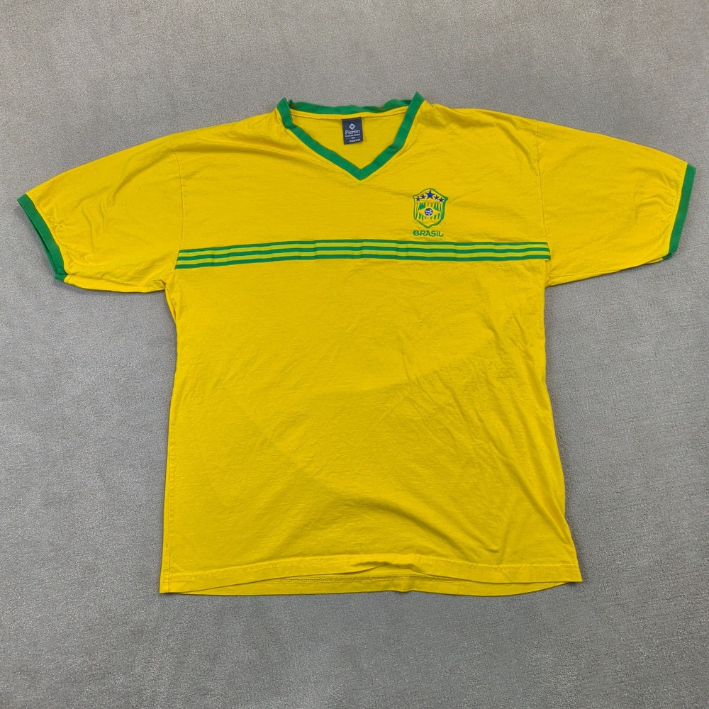 Pierim Brasil Soccer T-Shirt Mens XXL Yellow Green Ringer V-Neck Brazil Crest